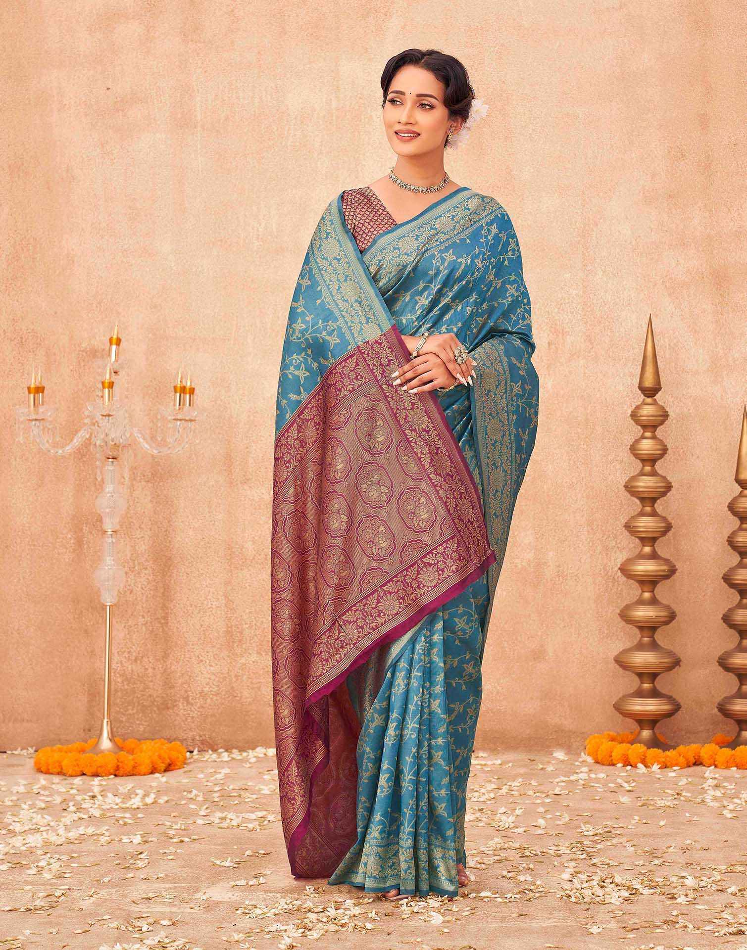 Teal Blue Shimmer Silk Woven Banarasi Saree