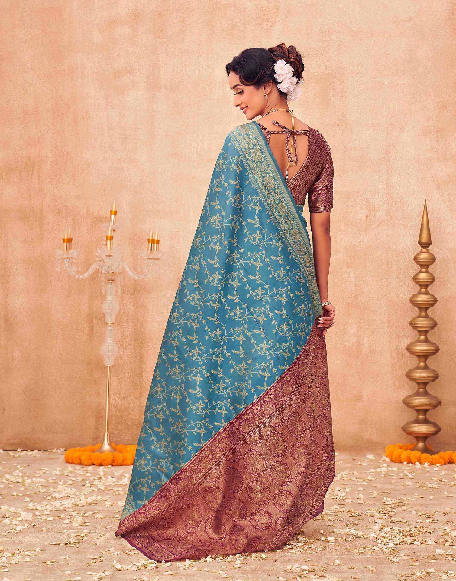 Teal Blue Shimmer Silk Woven Banarasi Saree