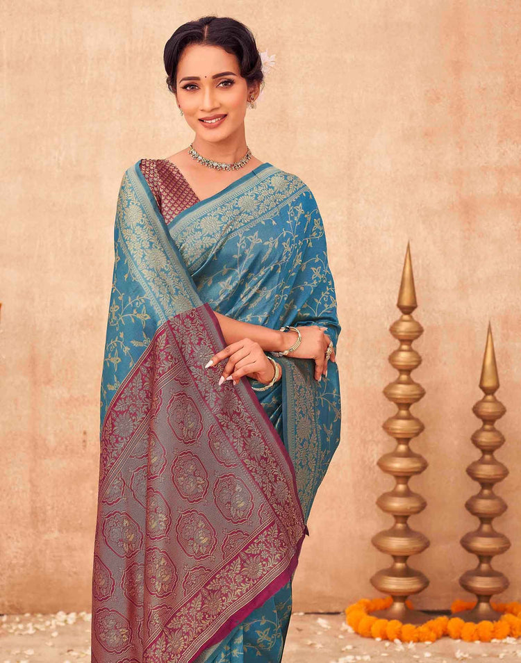 Teal Blue Shimmer Silk Woven Banarasi Saree