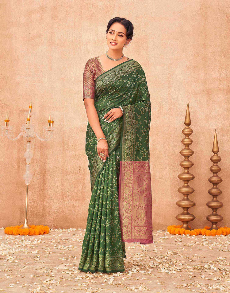 Dark Green Shimmer Silk Woven Banarasi Saree