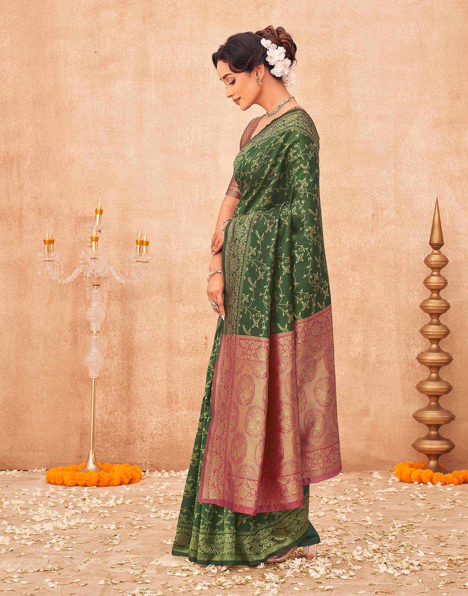 Dark Green Shimmer Silk Woven Banarasi Saree