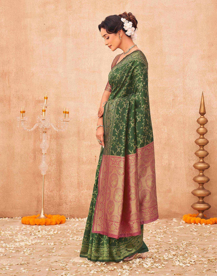 Dark Green Shimmer Silk Woven Banarasi Saree