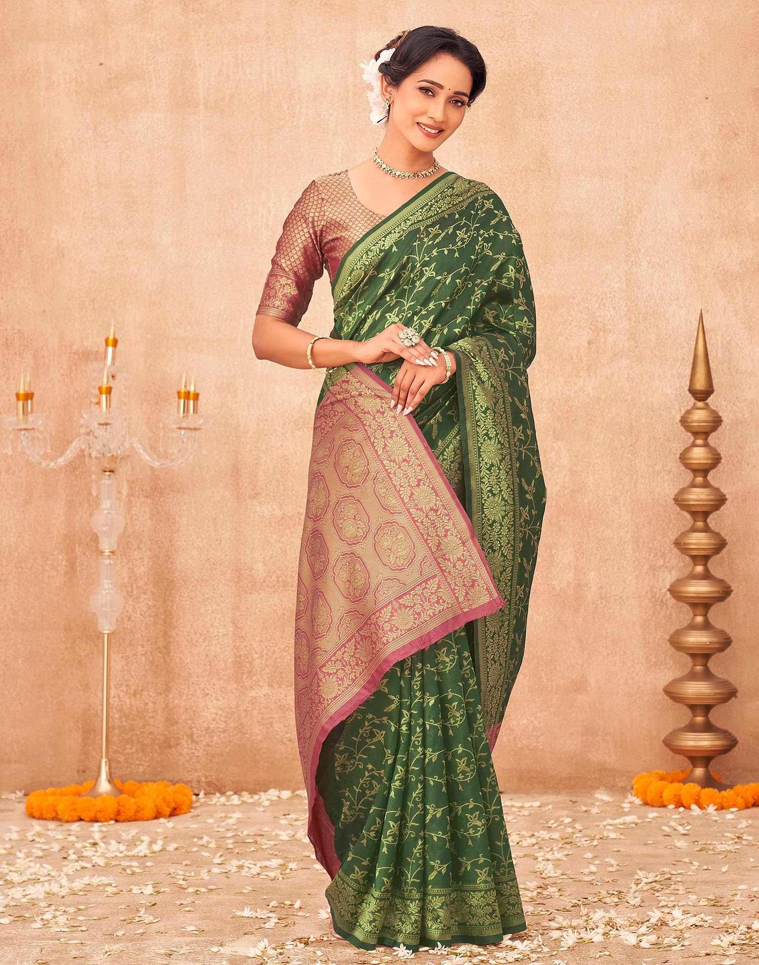 Dark Green Shimmer Silk Woven Banarasi Saree