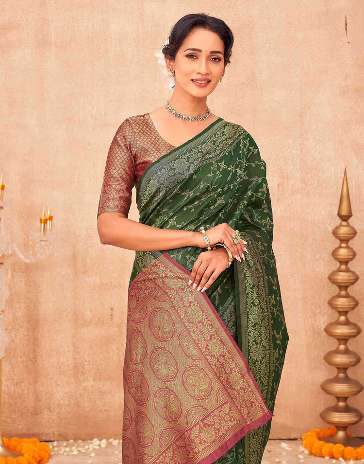 Dark Green Shimmer Silk Woven Banarasi Saree