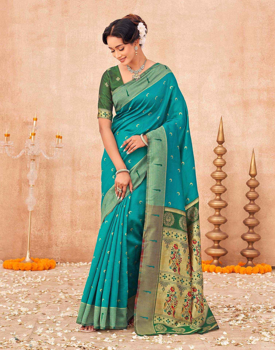 Teal Green Silk Woven Paithani Saree
