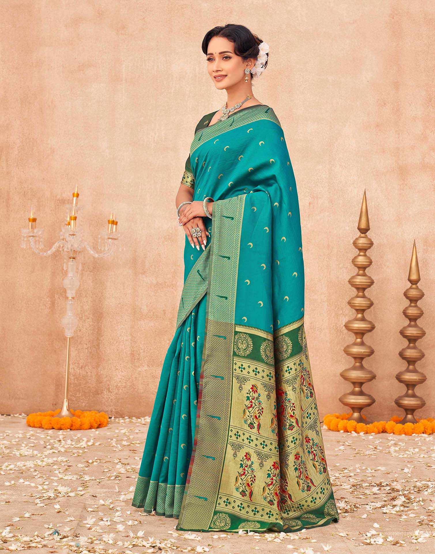 Teal Green Silk Woven Paithani Saree