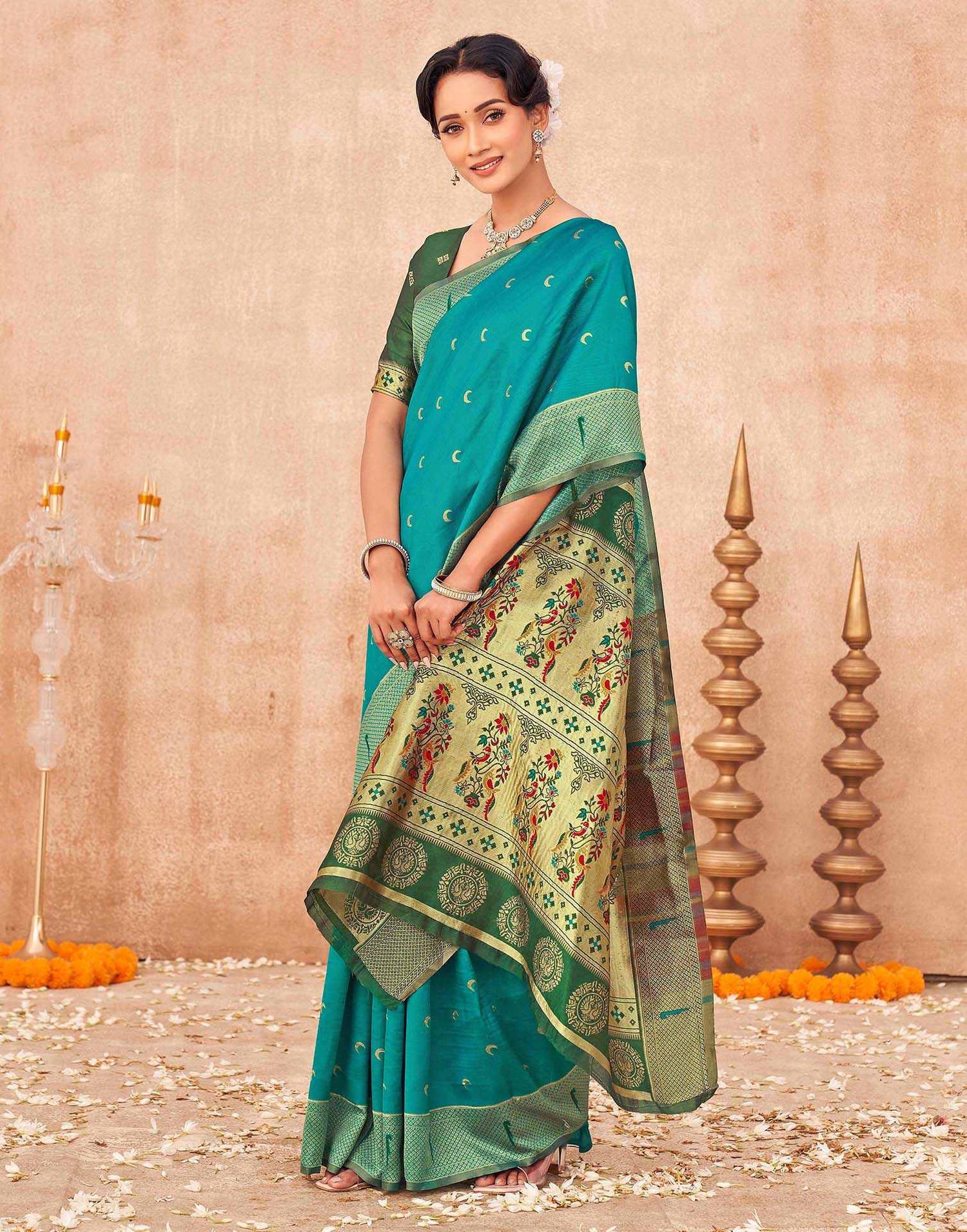 Teal Green Silk Woven Paithani Saree