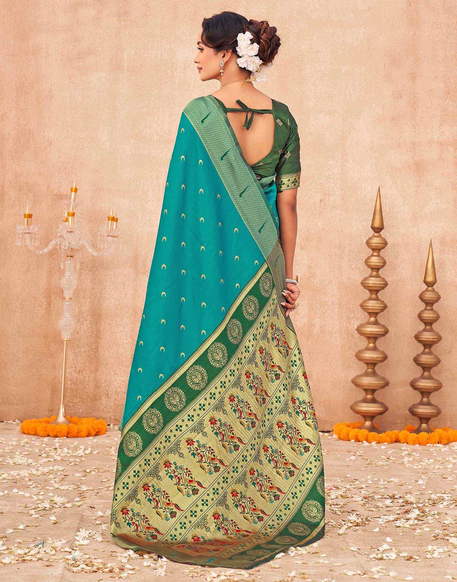 Teal Green Silk Woven Paithani Saree