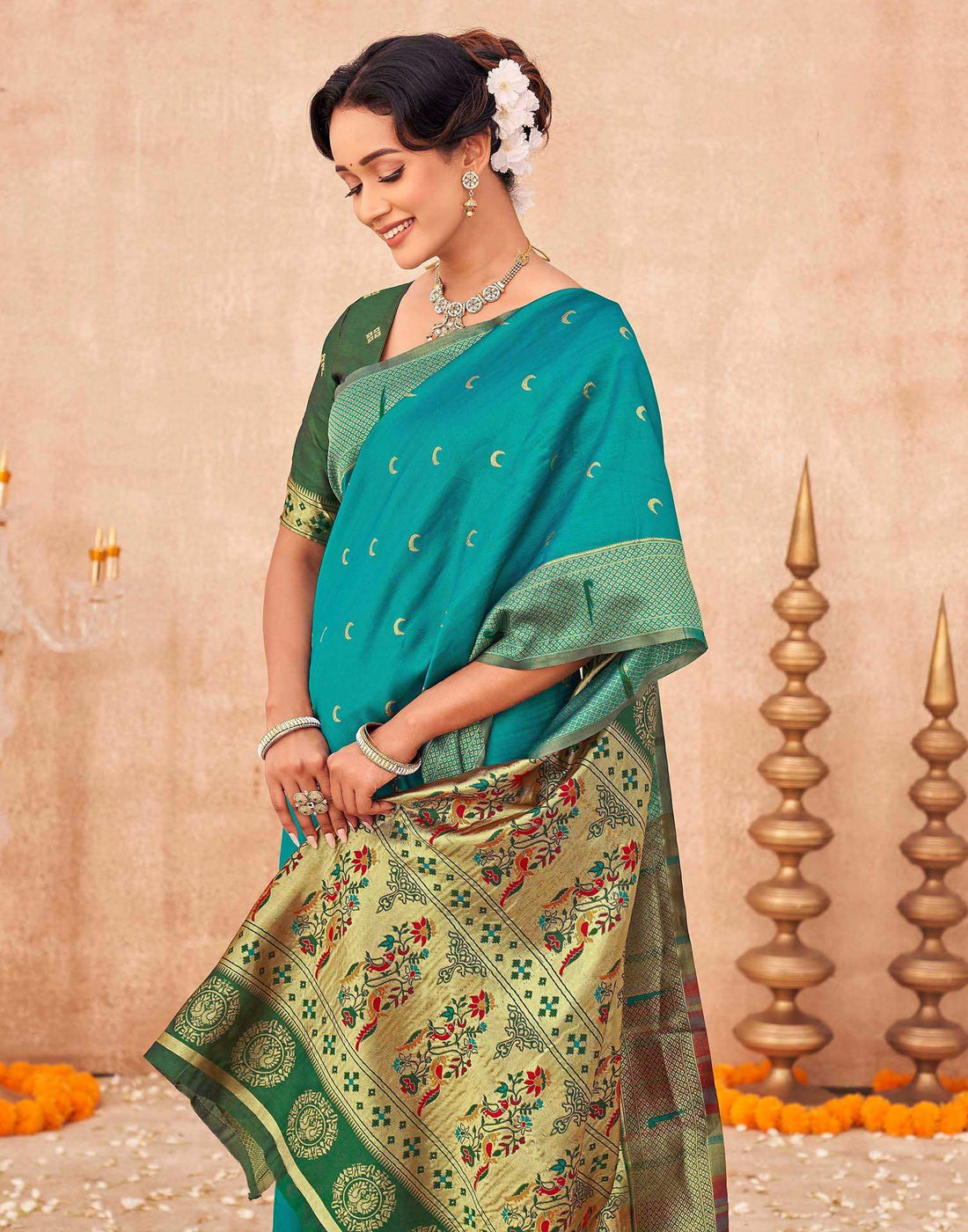 Teal Green Silk Woven Paithani Saree