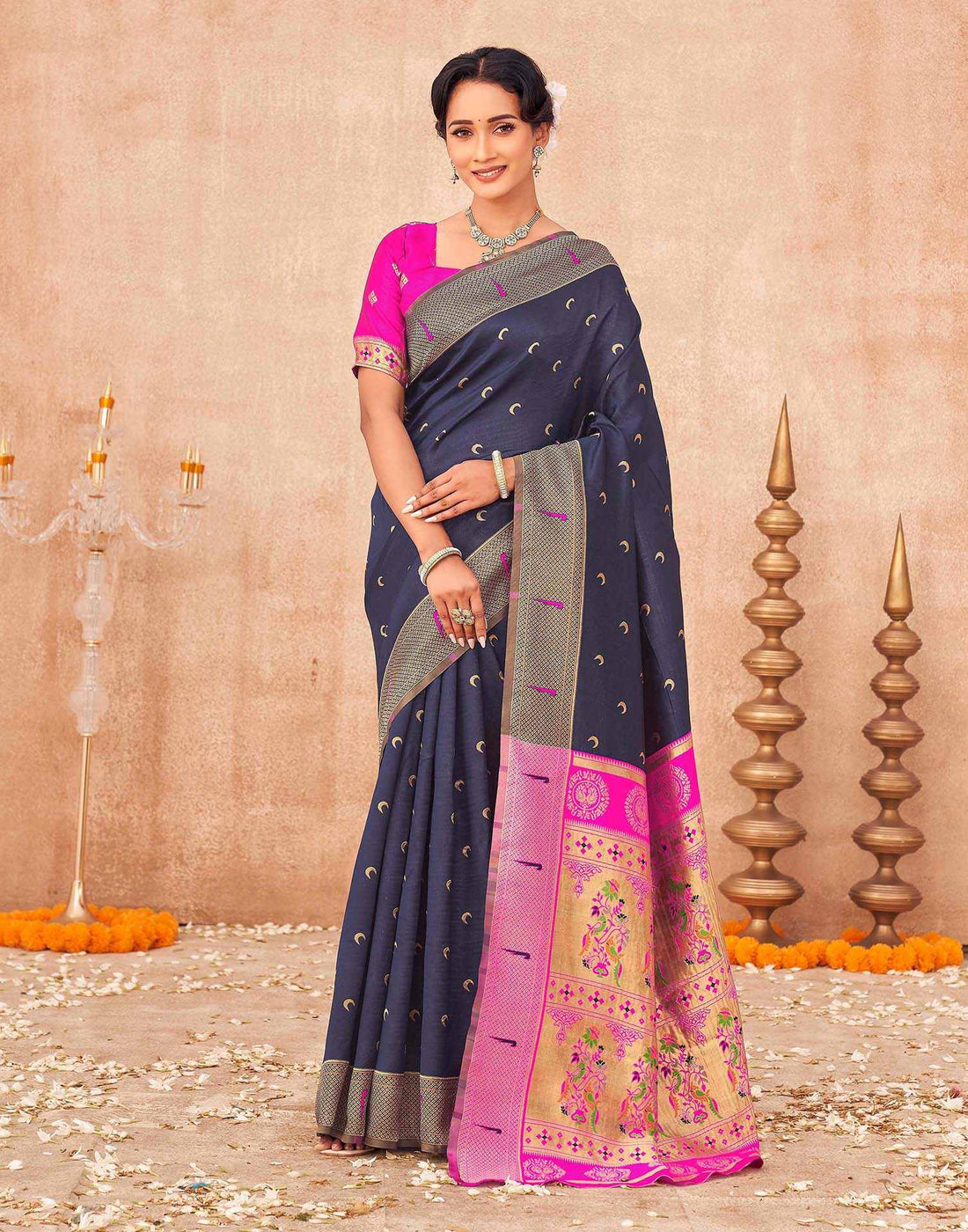 Navy Blue Silk Woven Paithani Saree