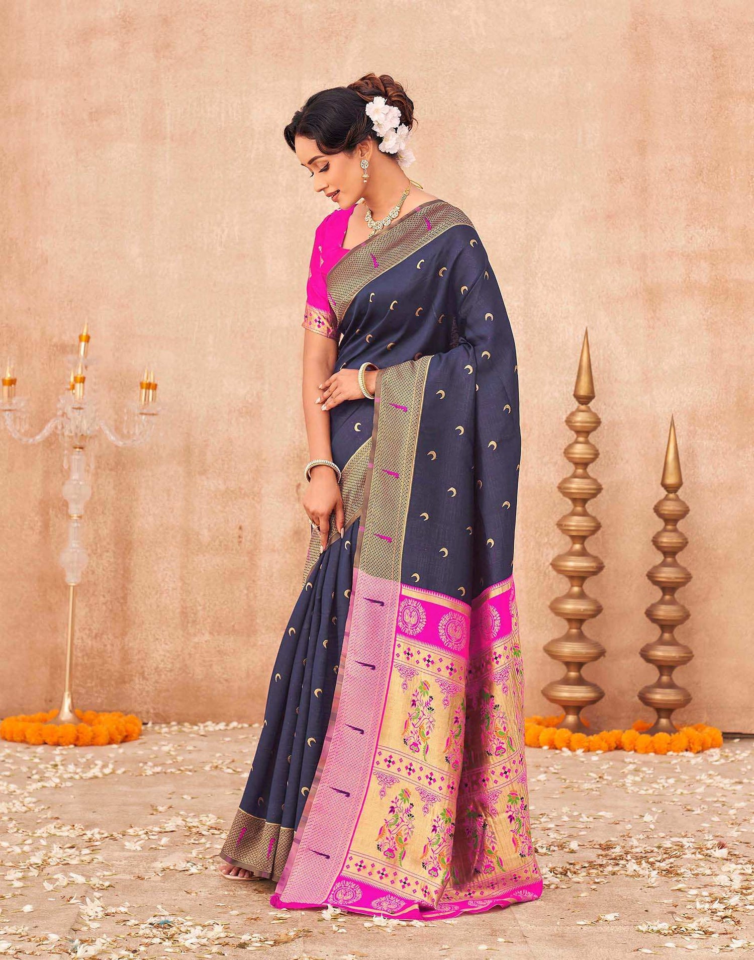 Navy Blue Silk Woven Paithani Saree