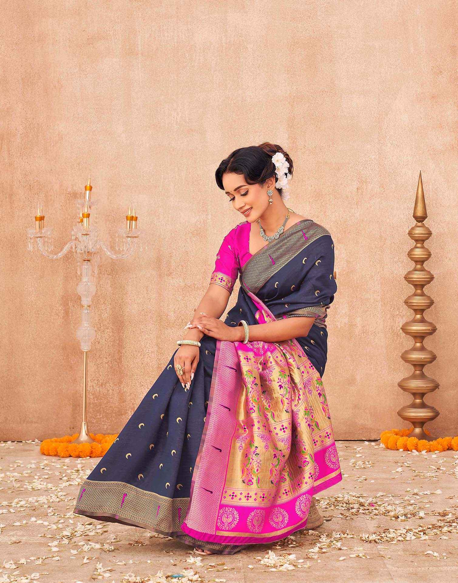 Navy Blue Silk Woven Paithani Saree