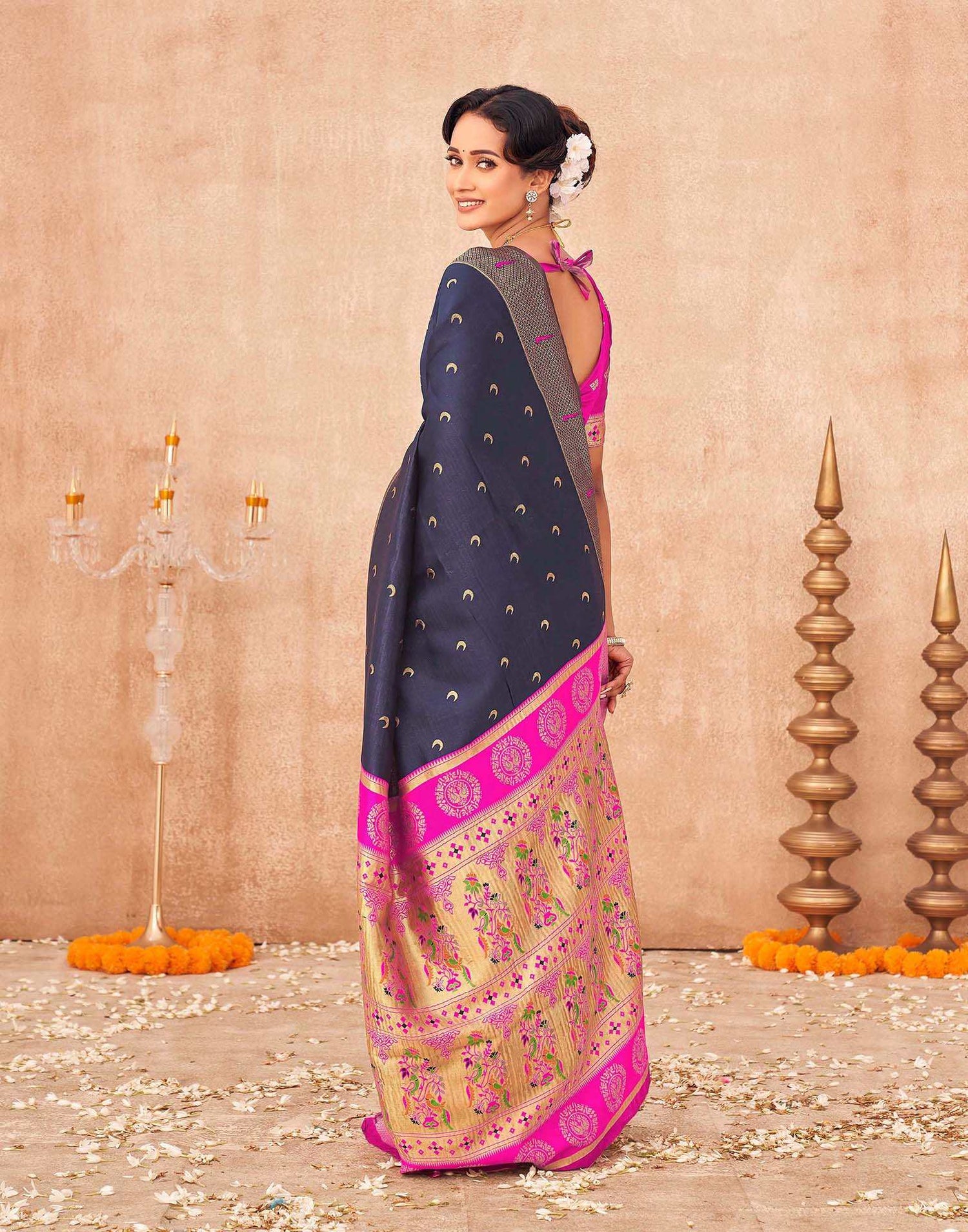 Navy Blue Silk Woven Paithani Saree