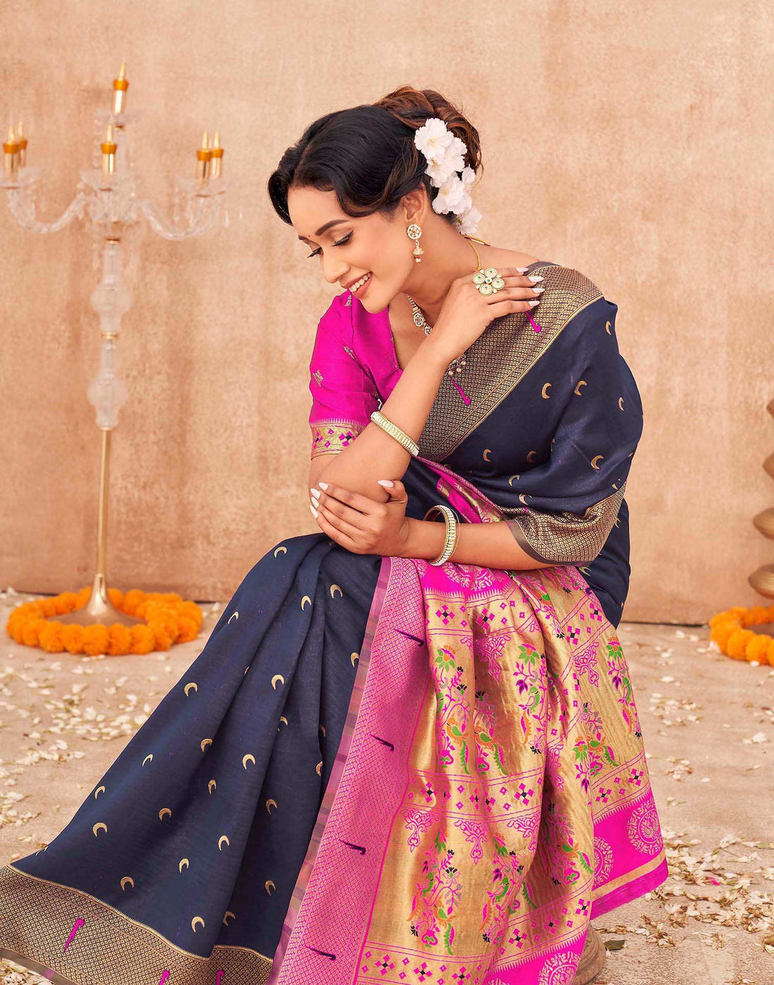 Navy Blue Silk Woven Paithani Saree