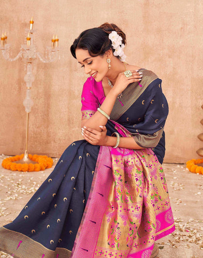 Navy Blue Silk Woven Paithani Saree