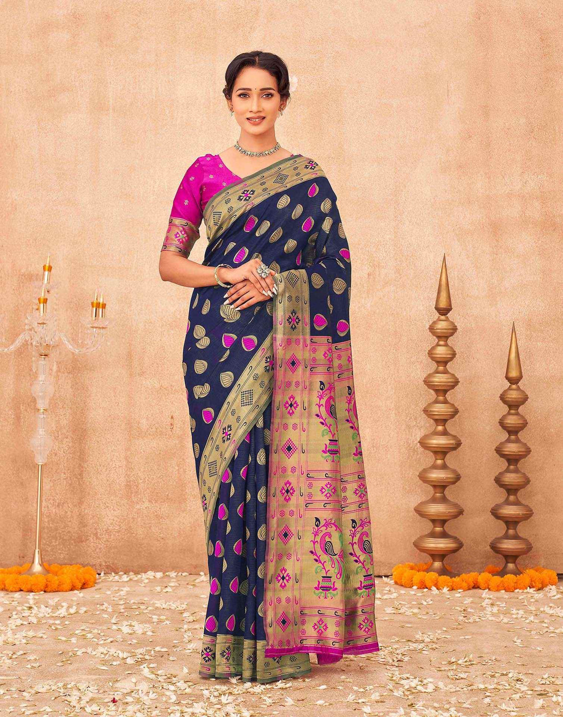 Navy Blue Shimmer Silk Woven Paithani Saree