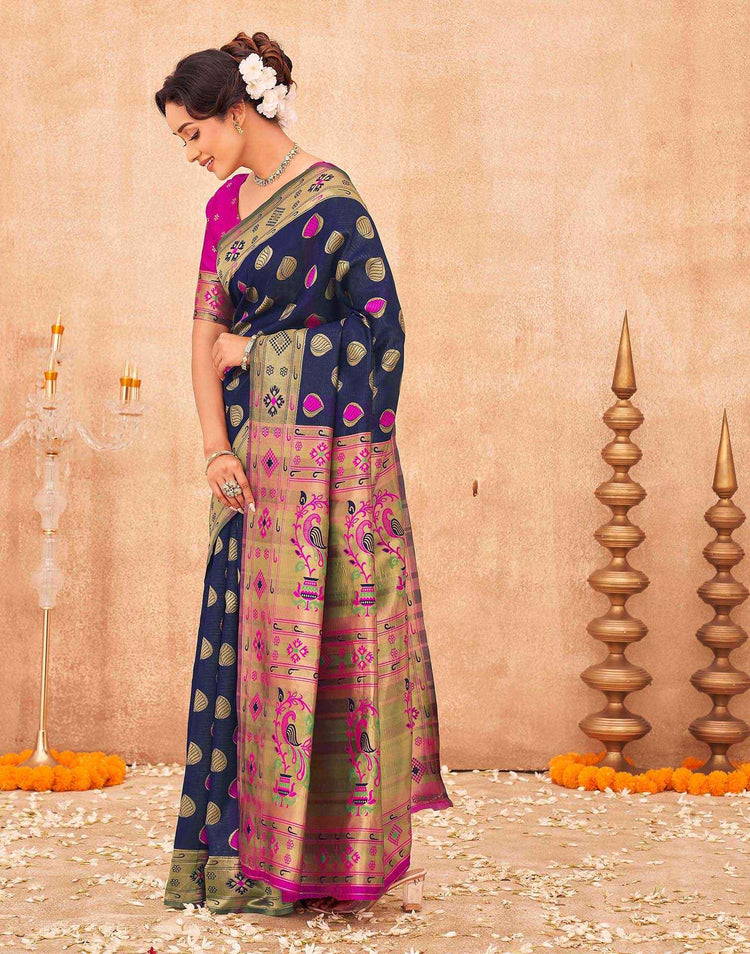 Navy Blue Shimmer Silk Woven Paithani Saree
