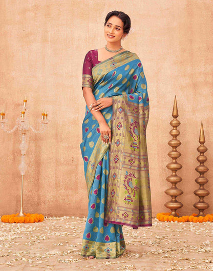 Teal Blue Shimmer Silk Woven Paithani Saree