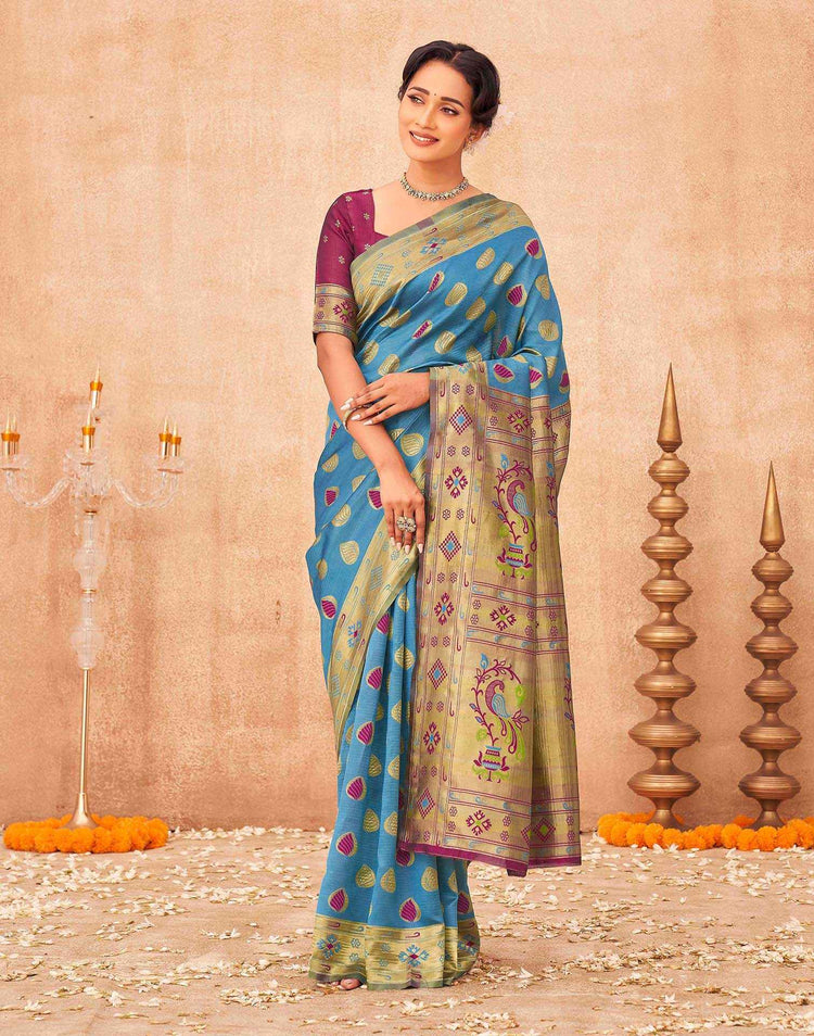 Teal Blue Shimmer Silk Woven Paithani Saree