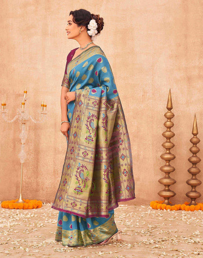 Teal Blue Shimmer Silk Woven Paithani Saree