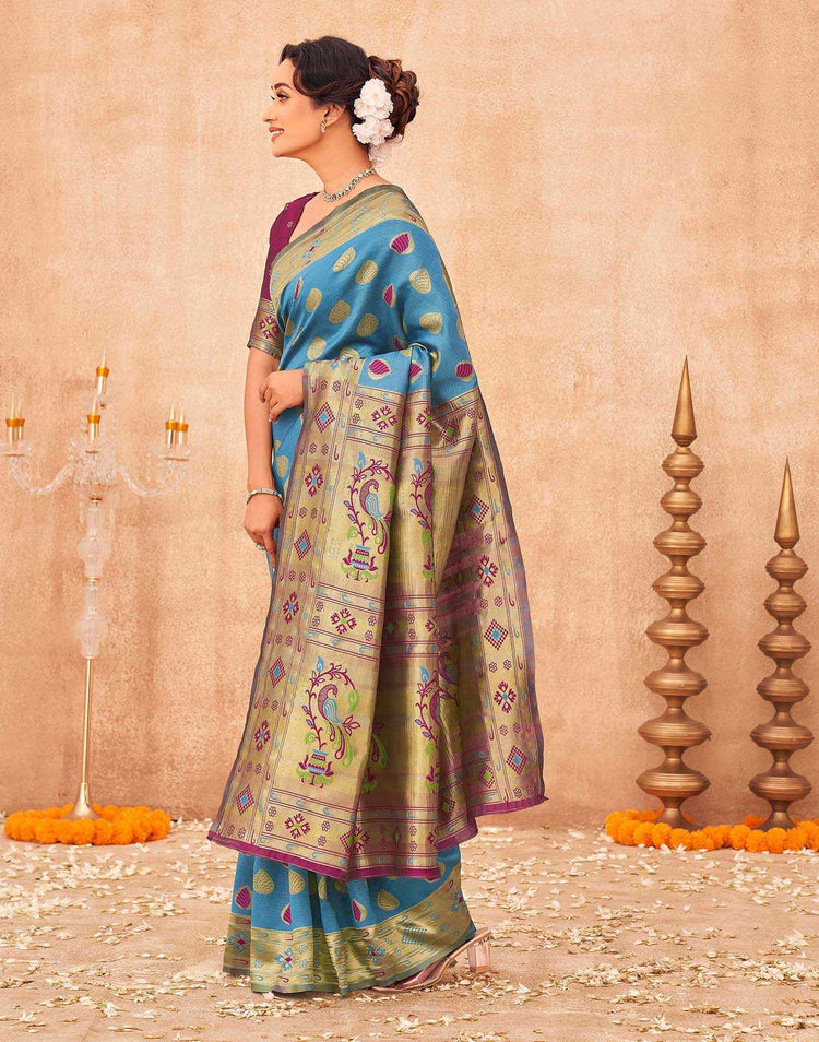 Teal Blue Shimmer Silk Woven Paithani Saree
