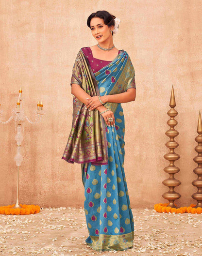 Teal Blue Shimmer Silk Woven Paithani Saree