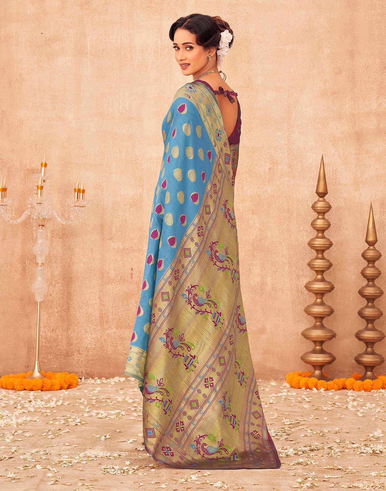 Teal Blue Shimmer Silk Woven Paithani Saree