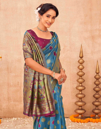 Teal Blue Shimmer Silk Woven Paithani Saree