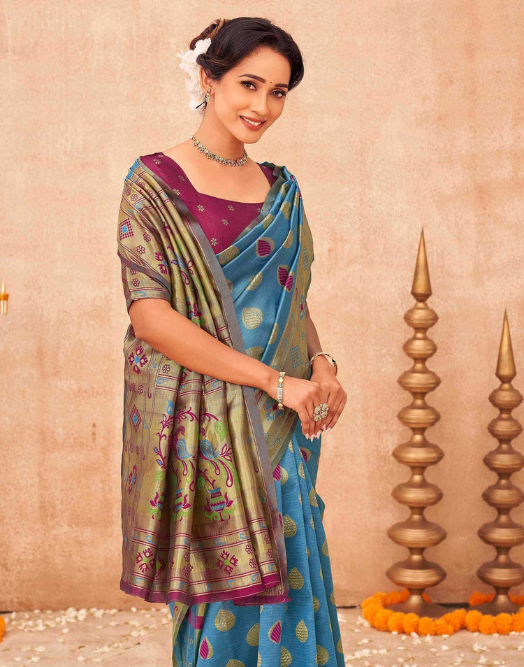 Teal Blue Shimmer Silk Woven Paithani Saree