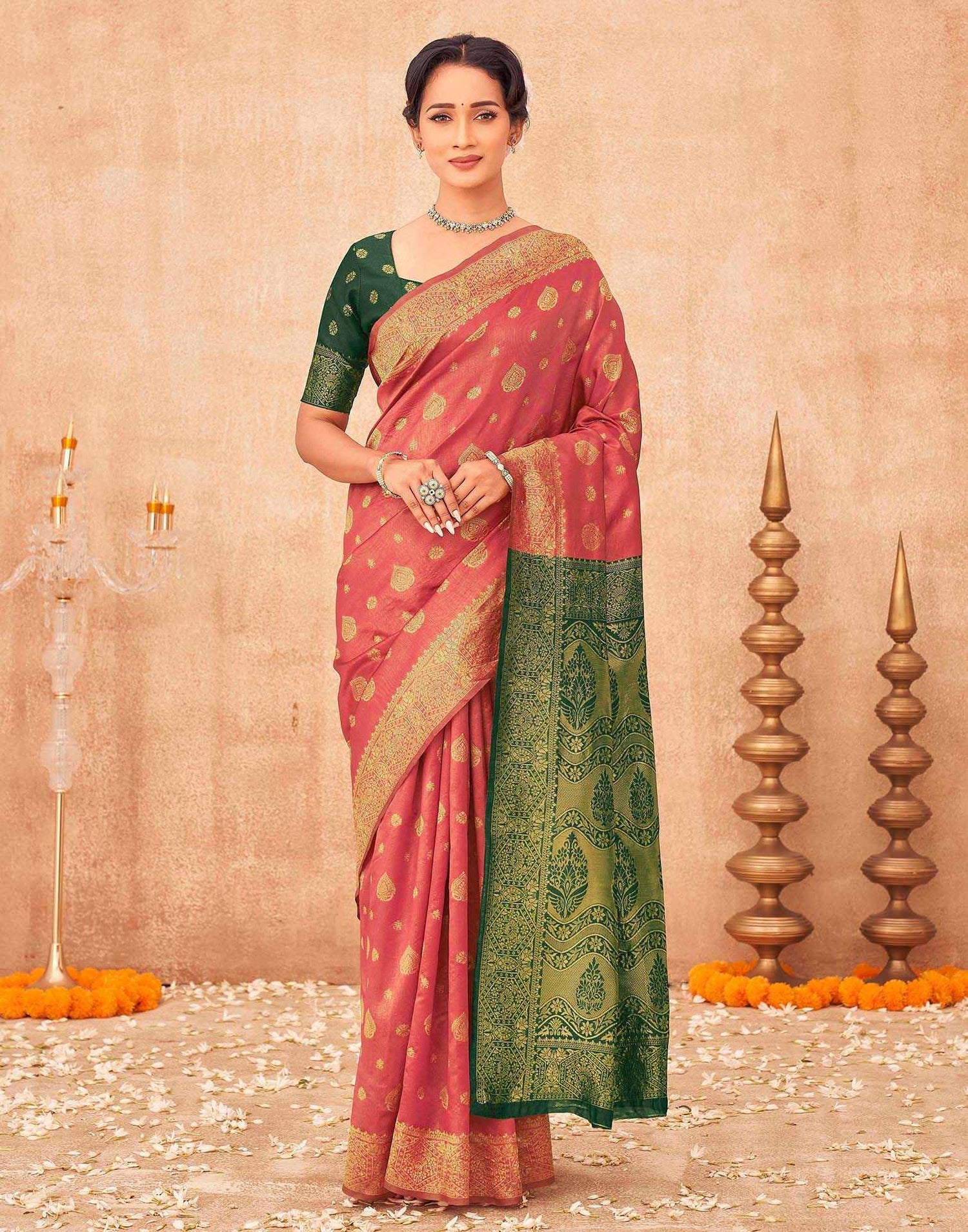 Coral Pink Shimmer Silk Woven Banarasi Saree