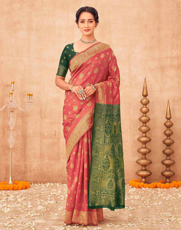 Coral Pink Shimmer Silk Woven Banarasi Saree