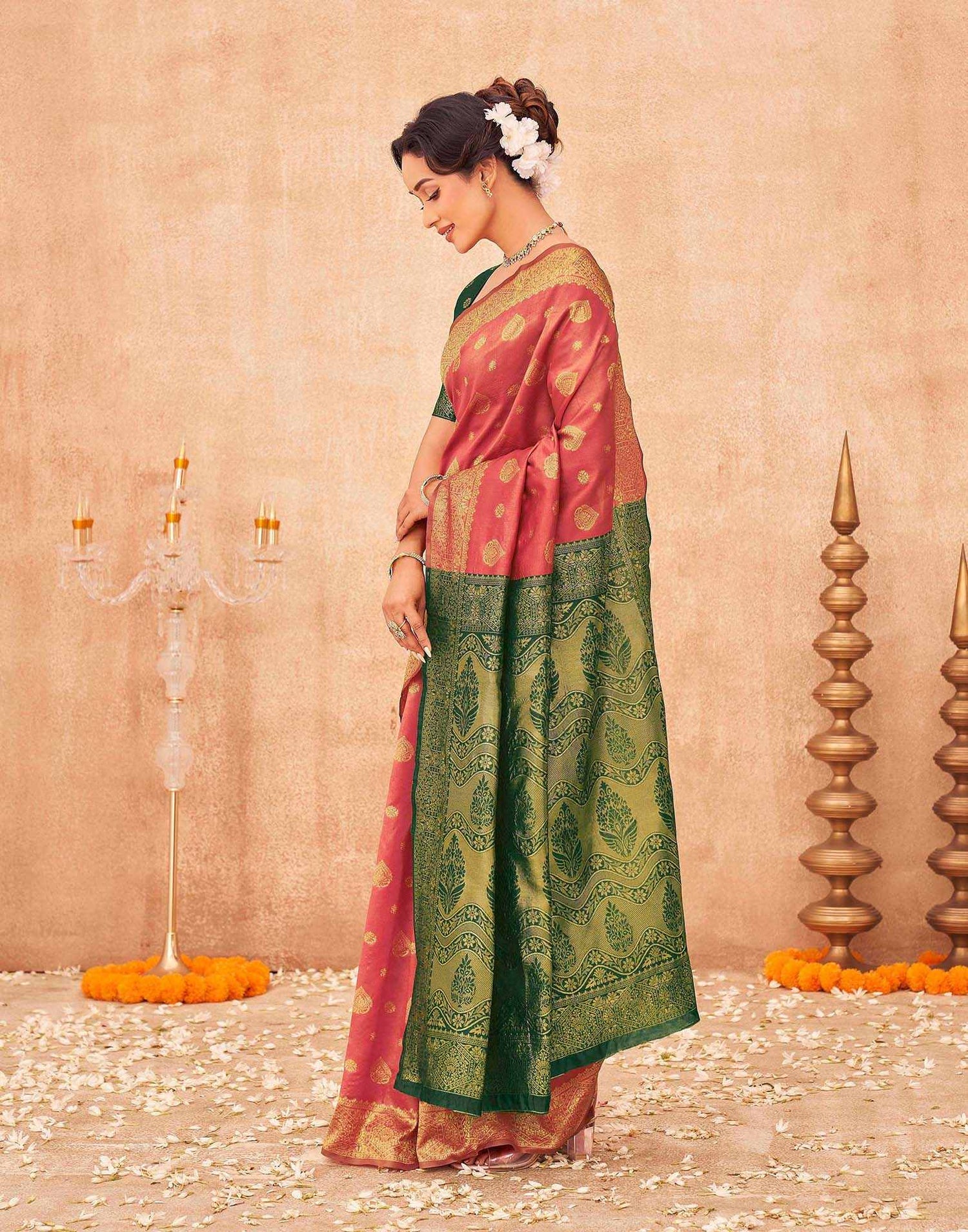 Coral Pink Shimmer Silk Woven Banarasi Saree