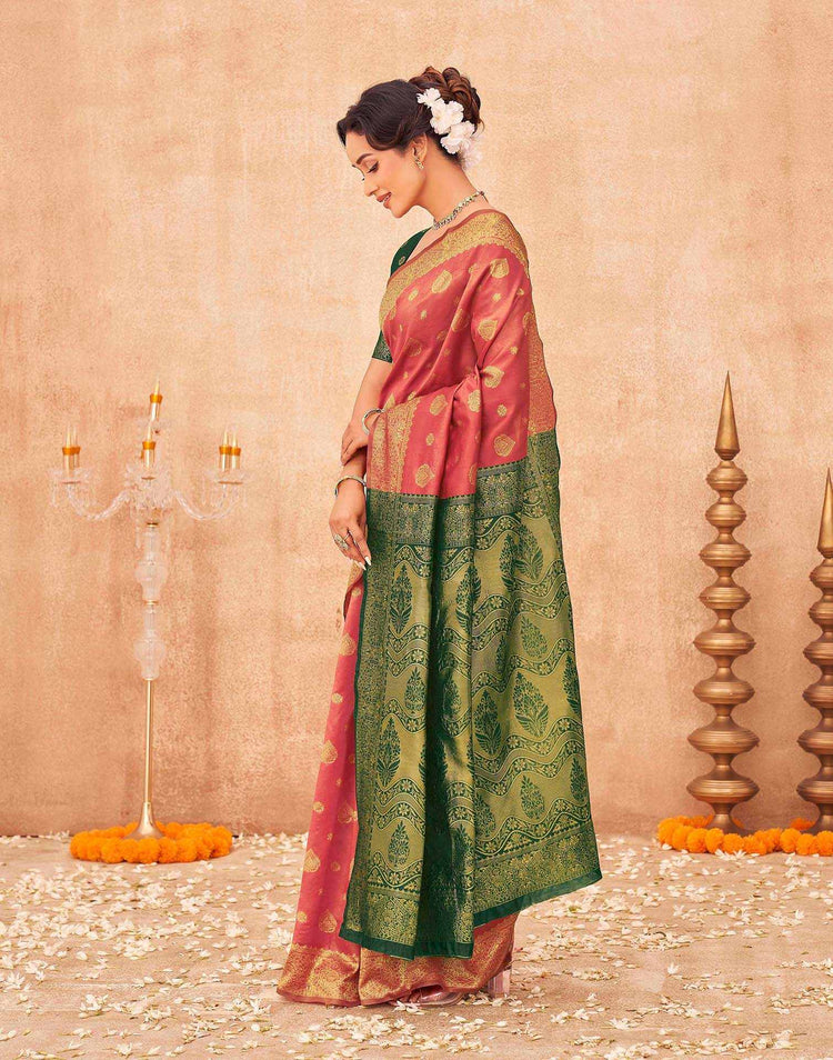 Coral Pink Shimmer Silk Woven Banarasi Saree