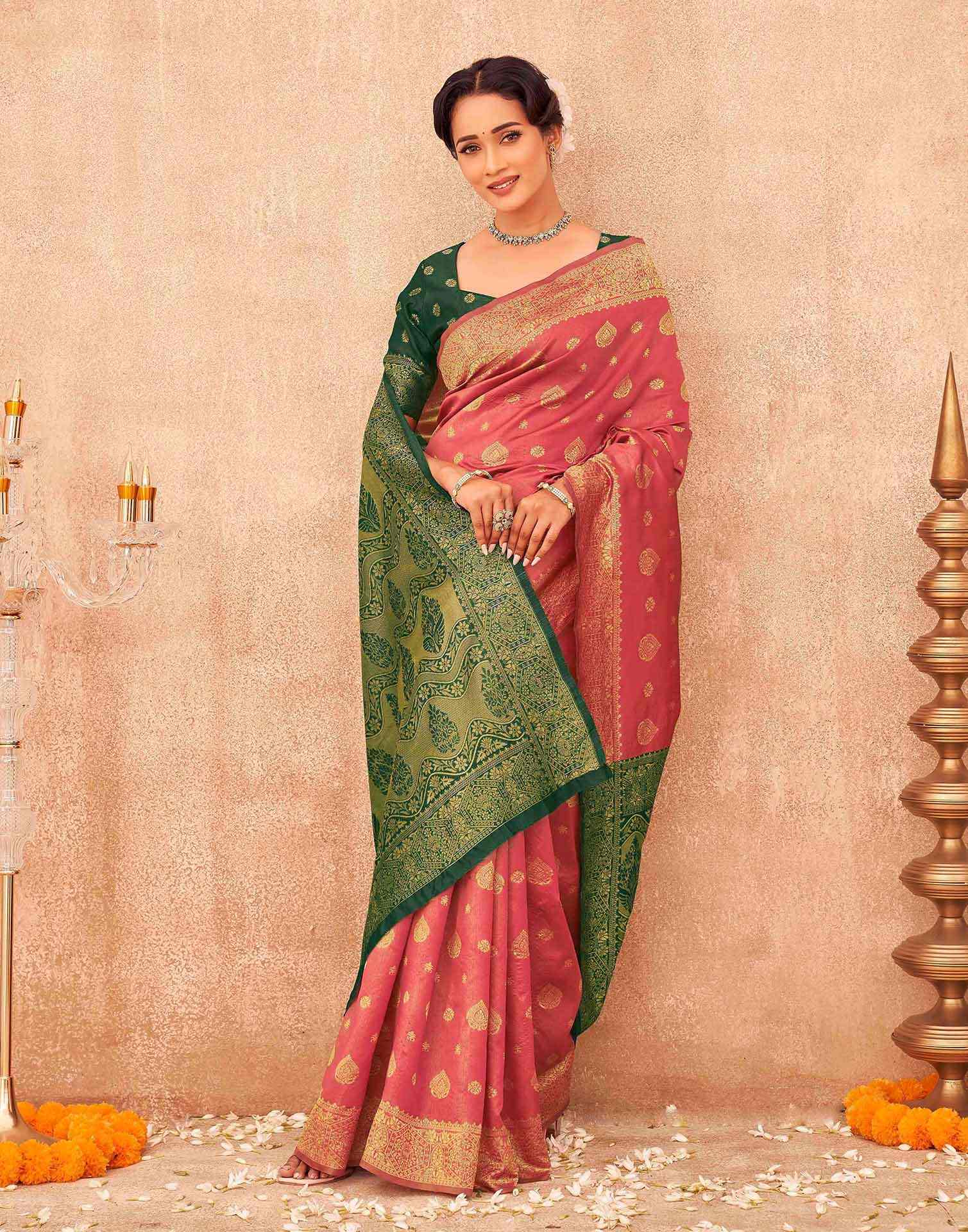 Coral Pink Shimmer Silk Woven Banarasi Saree