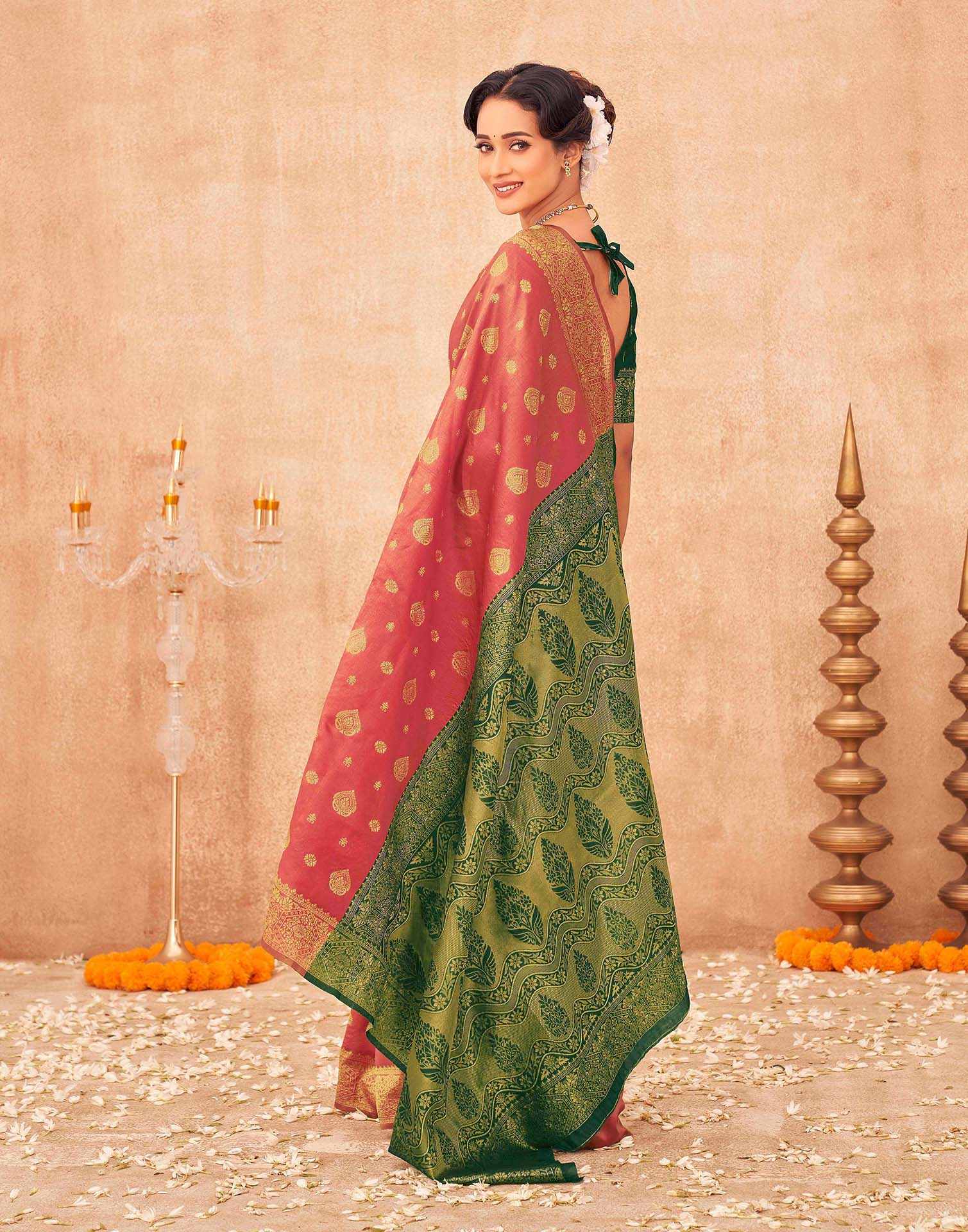 Coral Pink Shimmer Silk Woven Banarasi Saree
