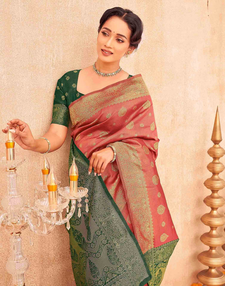 Coral Pink Shimmer Silk Woven Banarasi Saree