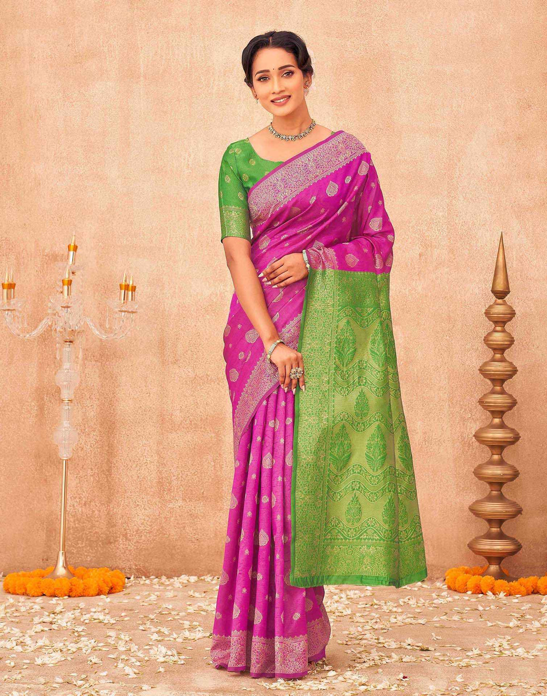 Rani Pink Shimmer Silk Woven Banarasi Saree