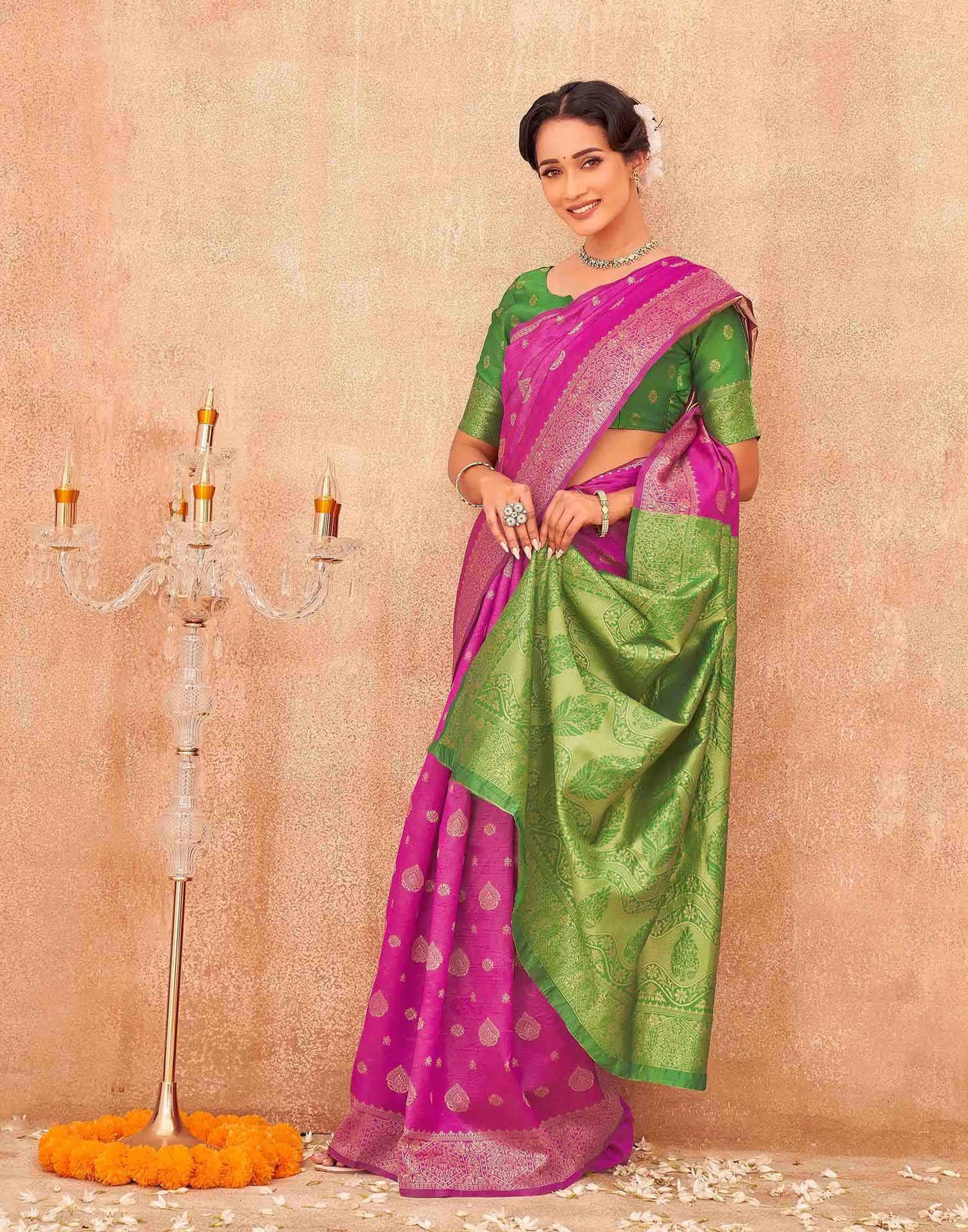 Rani Pink Shimmer Silk Woven Banarasi Saree