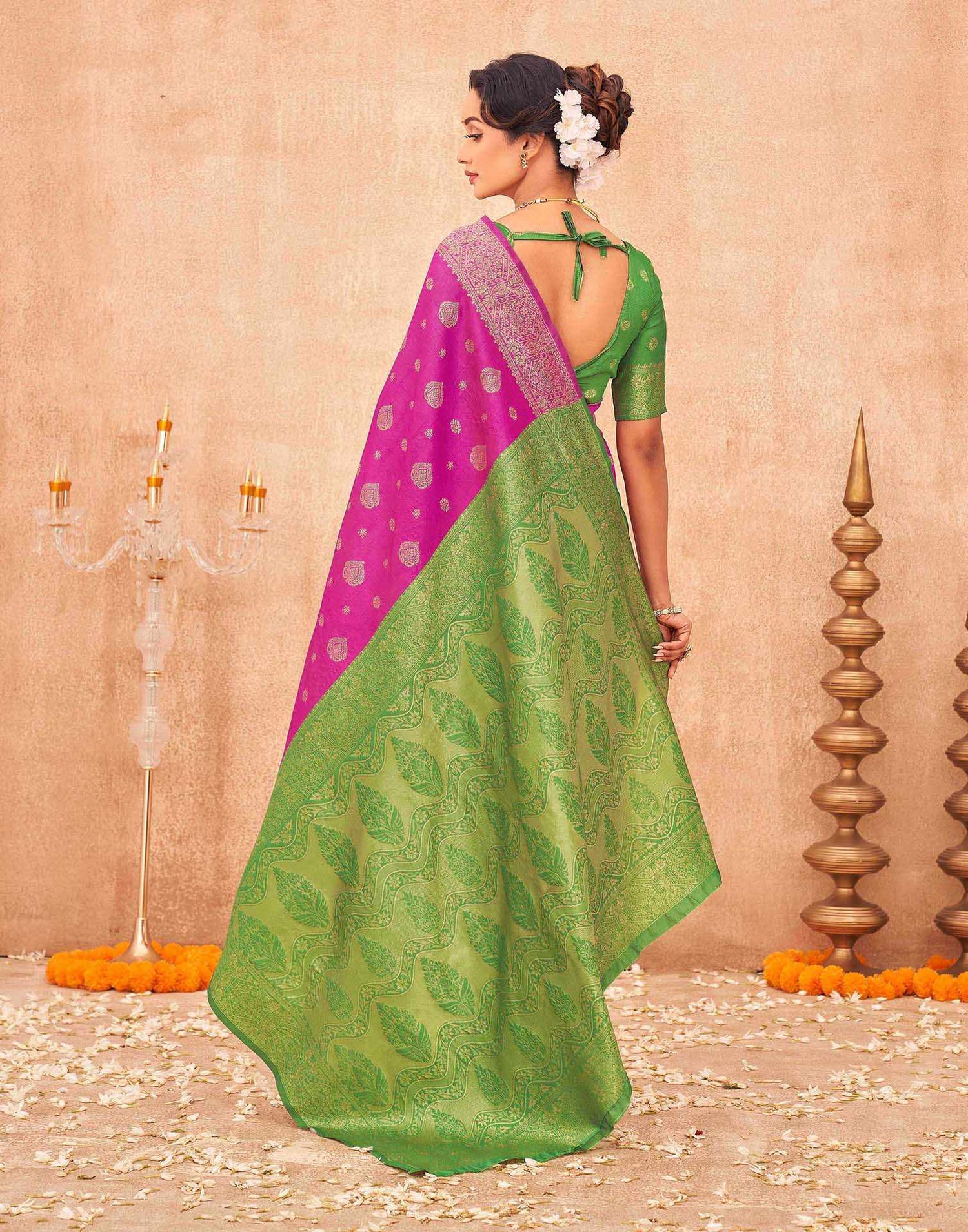 Rani Pink Shimmer Silk Woven Banarasi Saree