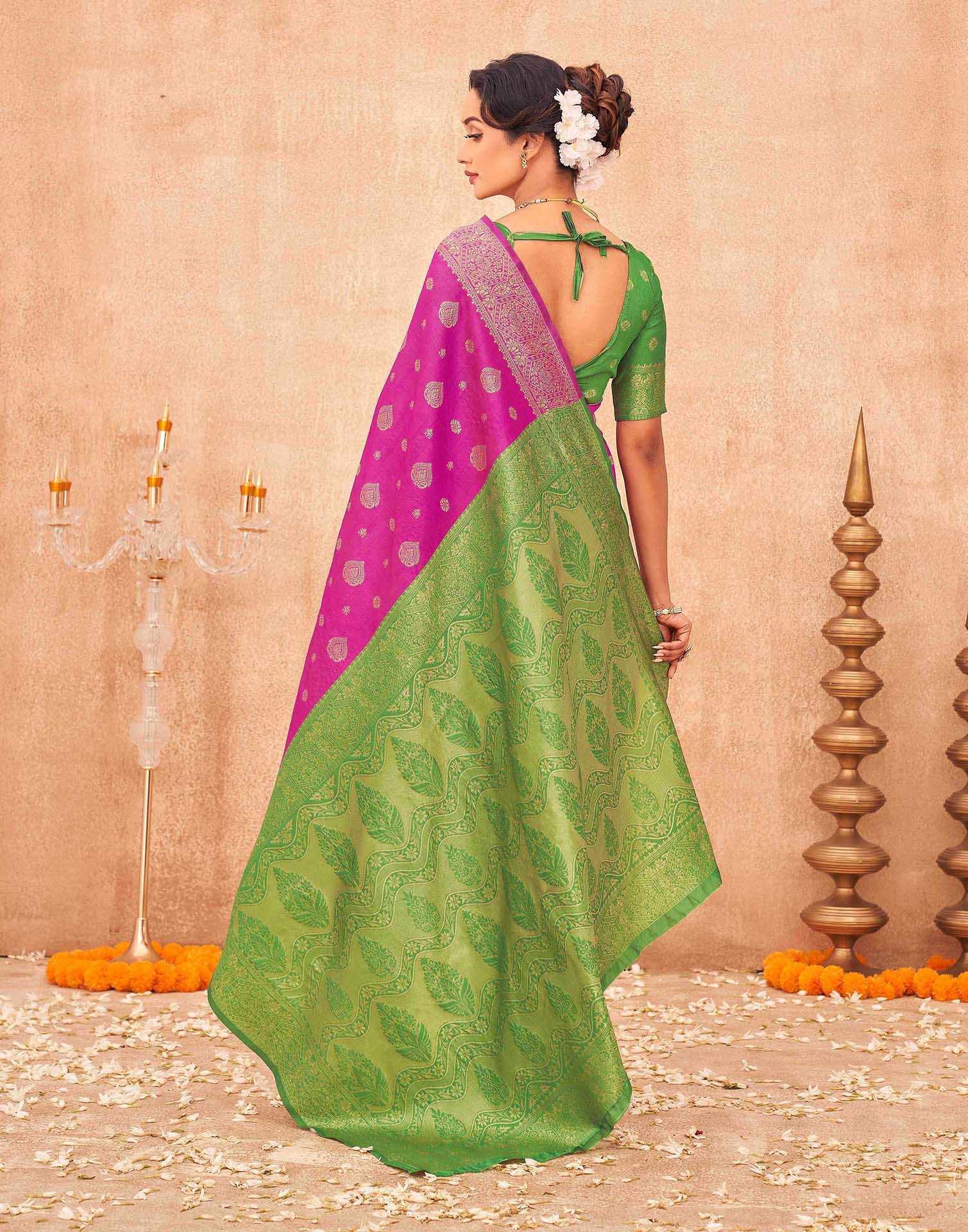 Rani Pink Shimmer Silk Woven Banarasi Saree