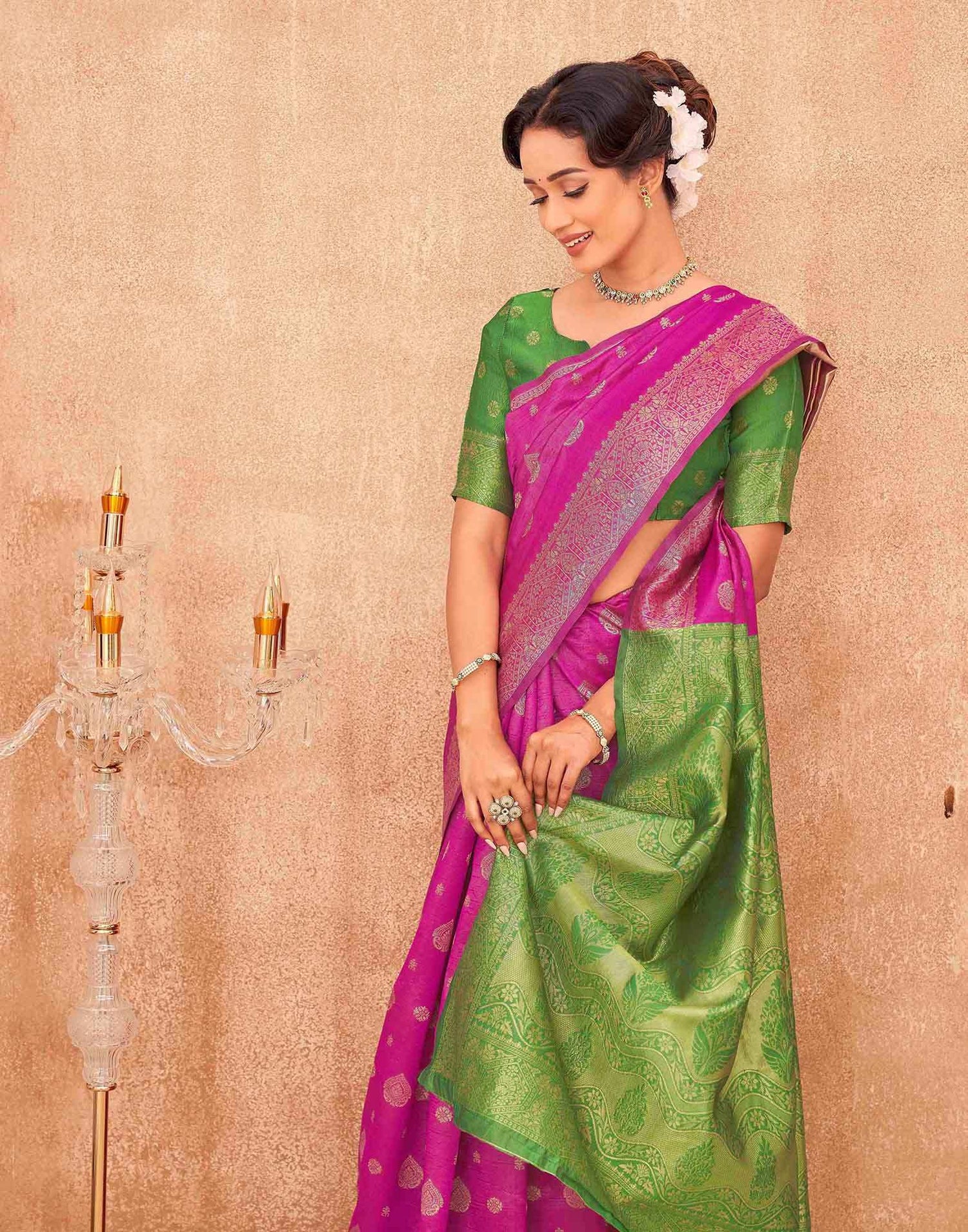 Rani Pink Shimmer Silk Woven Banarasi Saree