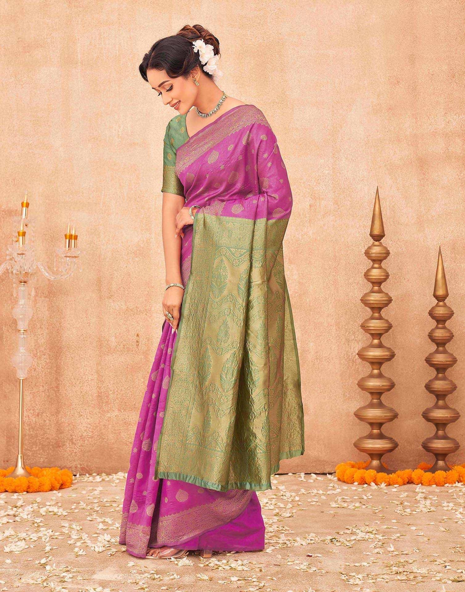 Rani Pink Shimmer Silk Woven Banarasi Saree