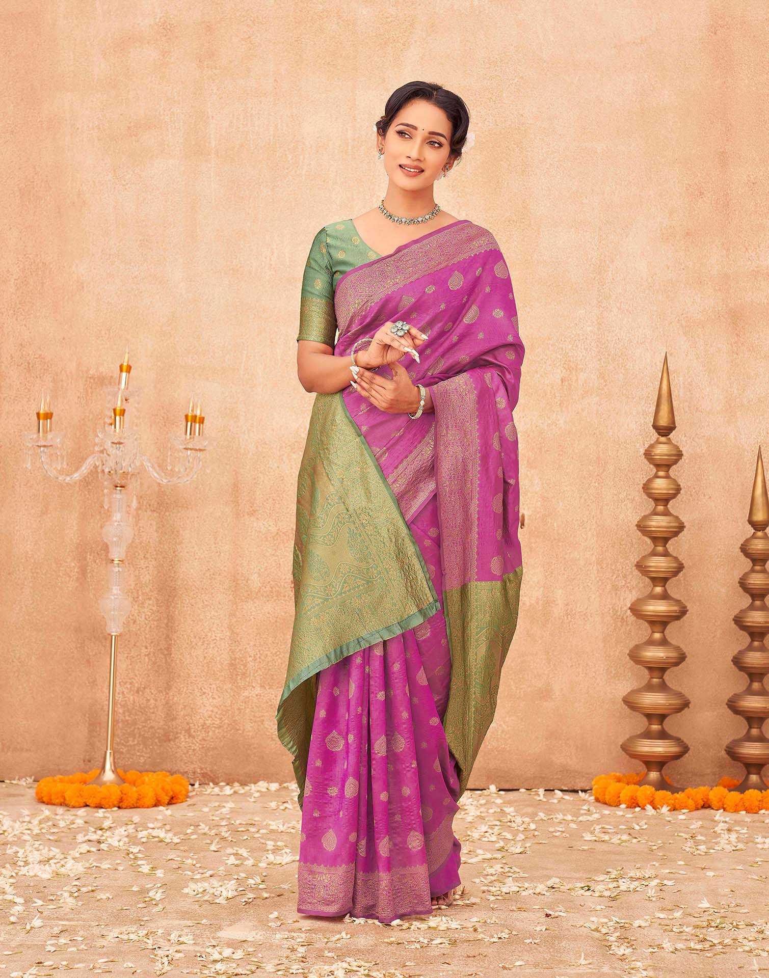 Rani Pink Shimmer Silk Woven Banarasi Saree