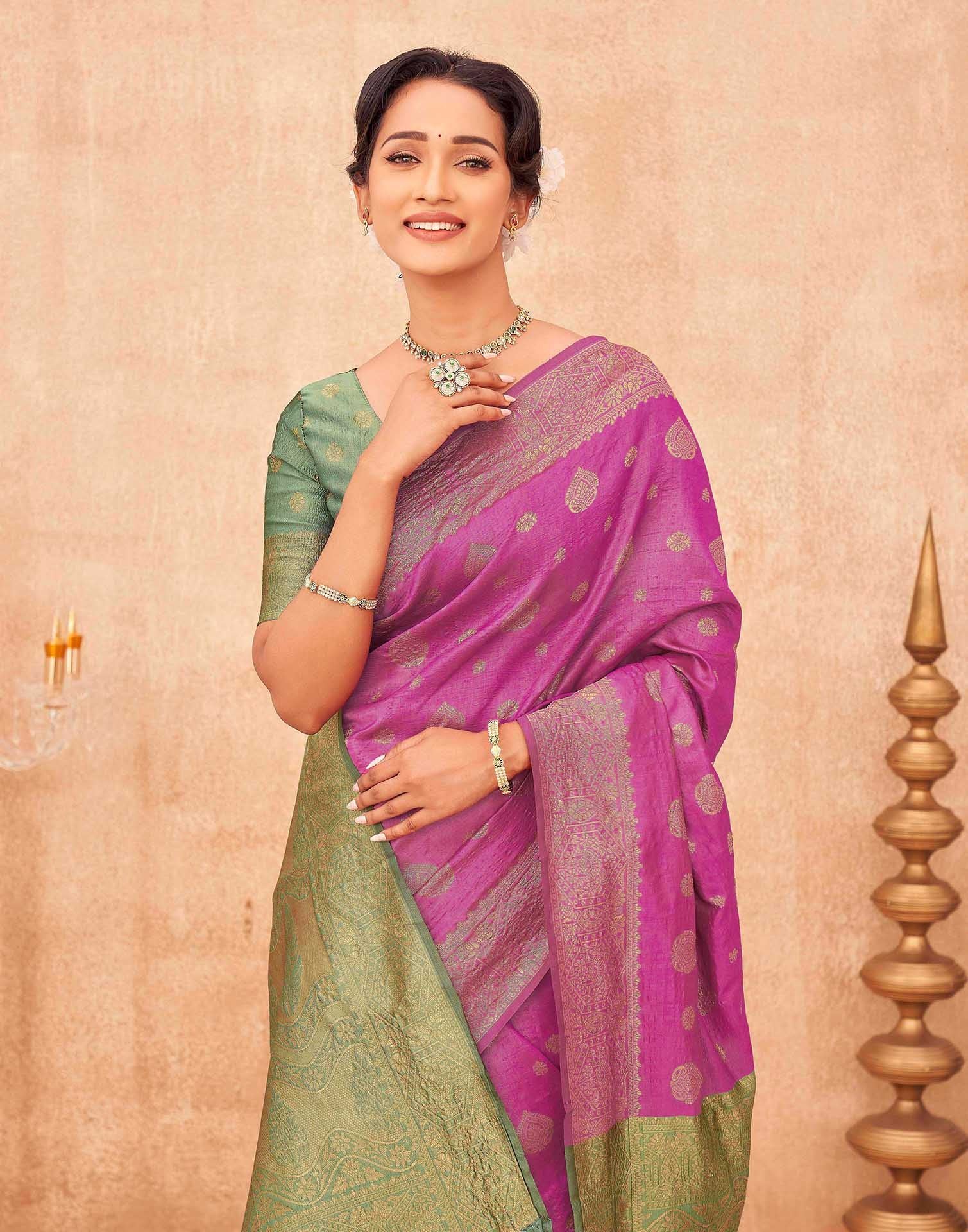 Rani Pink Shimmer Silk Woven Banarasi Saree