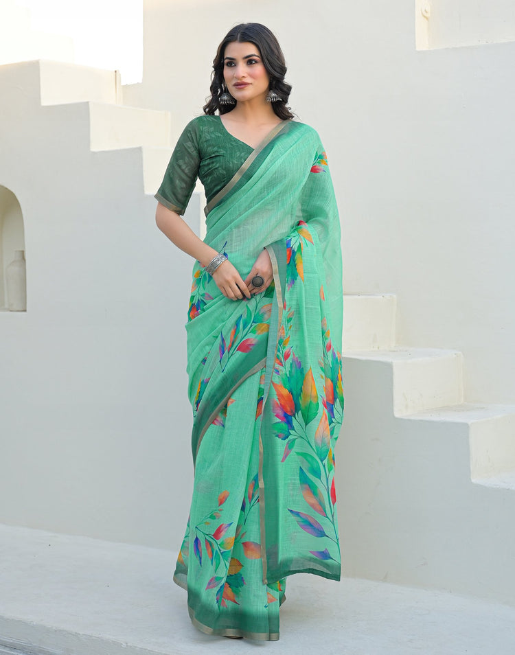 Turquoise Linen Printed Saree