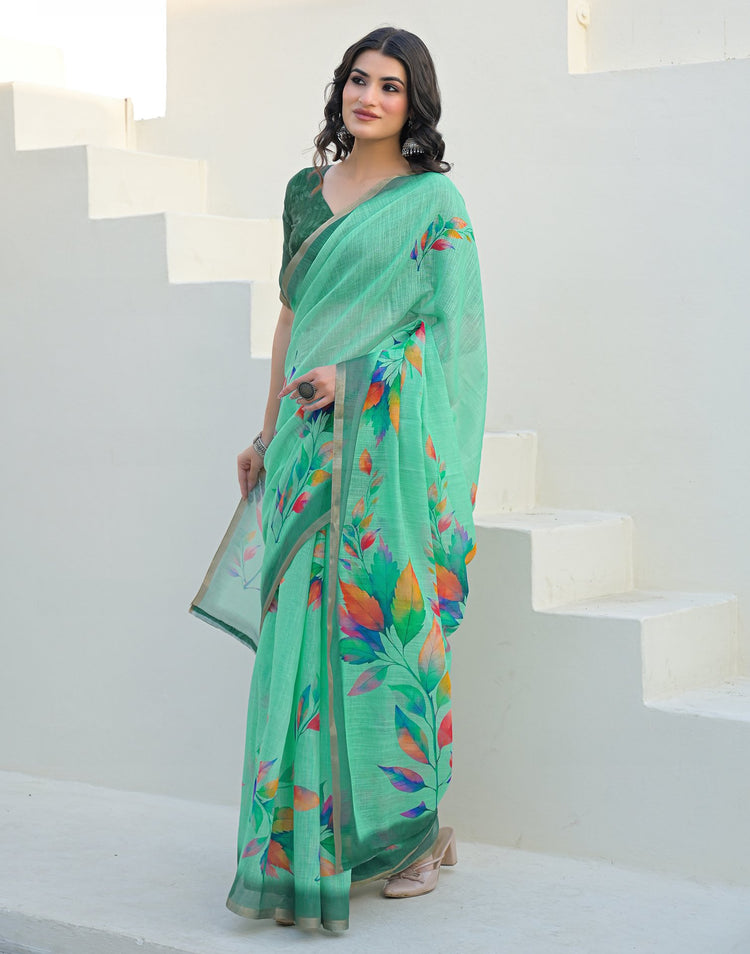 Turquoise Linen Printed Saree