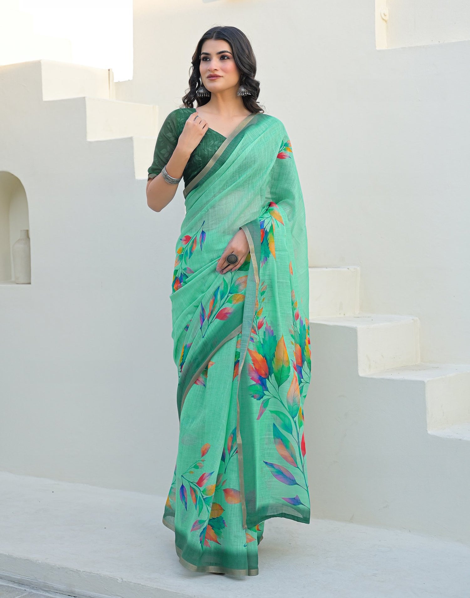 Turquoise Linen Printed Saree