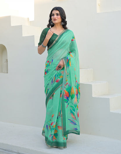 Turquoise Linen Printed Saree