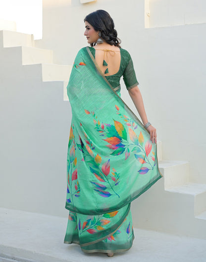 Turquoise Linen Printed Saree