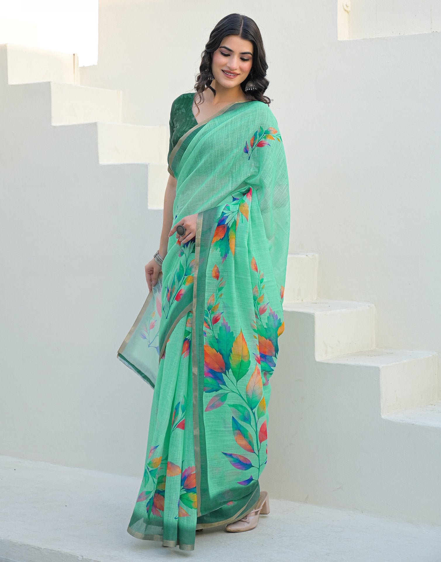 Turquoise Linen Printed Saree